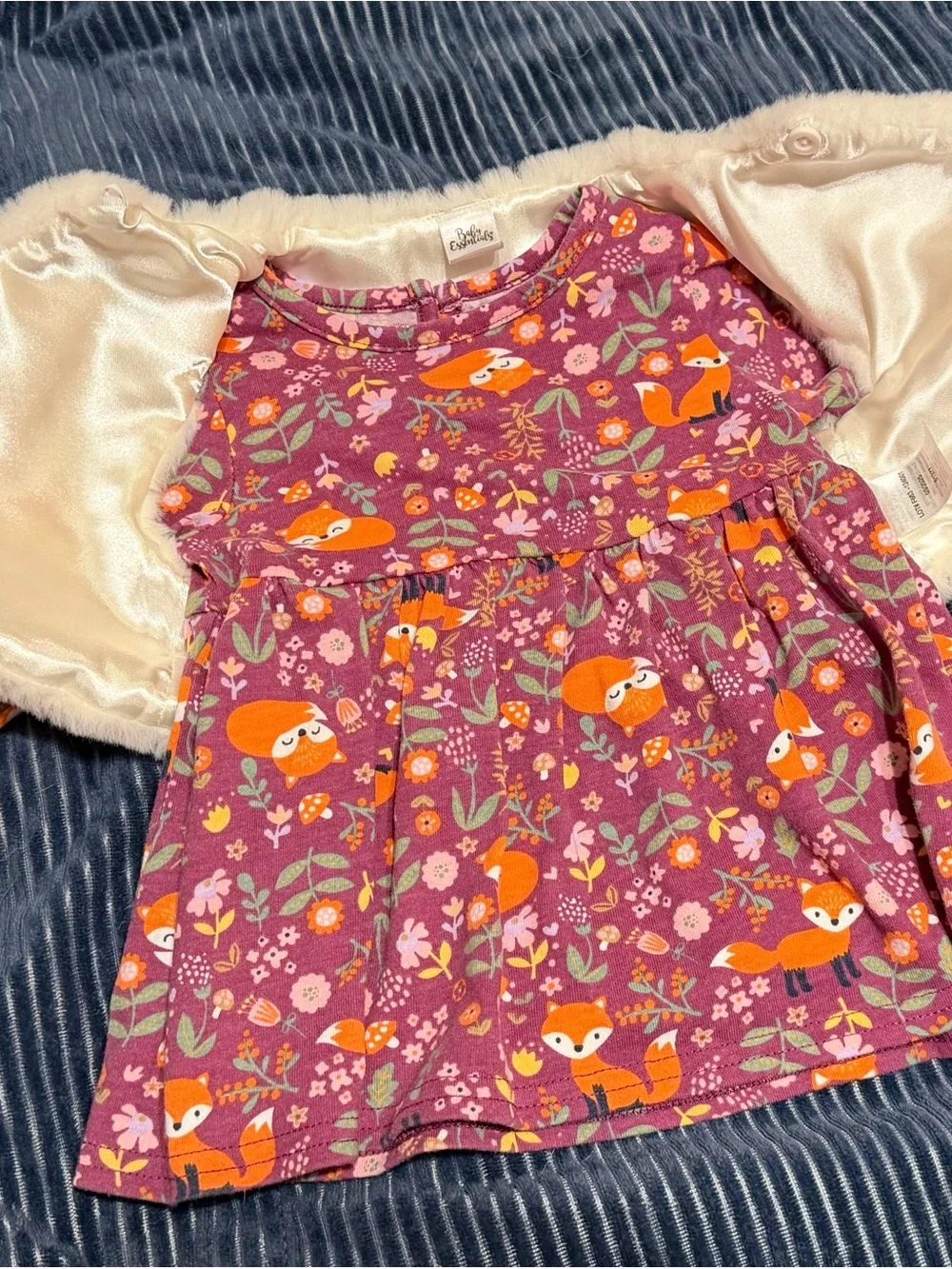 9mos Baby Fox Print Dress with Faux Fur Vest